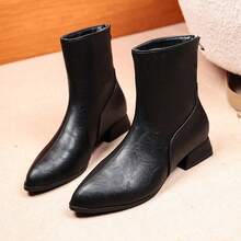Spring/Autumn Black Soft Leather Pointed Toe Ankle Boots For Women, Low Chunky Heel, Back Zipper, Versatile Slimming Commuter Elegant - Black - View 1