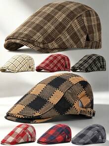 2 Gaya Topi Newsboy Kotak-kotak & Patchwork, Topi Beret Ivy Datar Vintage untuk Pria & Wanita - Kotak-kotak - View 11