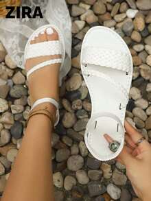 Sandalias de playa romanas Zira de verano, nueva moda, transpirables, de punta redonda, punta abierta, suela antideslizante y blanda, tejidas con diseño cruzado vintage casual - Blanco - Ver 2