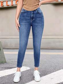 YANGCANREN Teen Girl Casual Versatile Denim Long Pants With Pockets And Buttons - Royal Blue - View 3