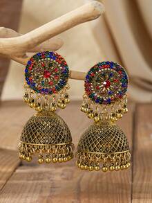 1 Pair Vintage Glamorous Fashion Rhinestone Exaggerated Design Mesh Bell Earrings Women's Versatile Jewelry - Black - View 5
