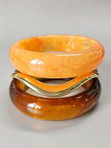 3pcs/Set Vintage Orange, Brown, Gold Layered Bracelet Set, Fashionable Multi-Shape Combination Bracelets, Suitable For Women's Vacation, Dating, Shopping, Party, Daily Wear - Multicolor - View 7