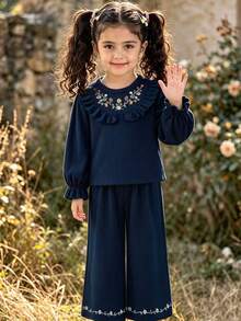 4-7 Years Old Girls Set, Floral Embroidery Ruffle Round Neck Long Sleeve Top With Straight Leg Pants Fashion Set, Suitable For Daily Wear/School/Party - Navy Blue - View 3