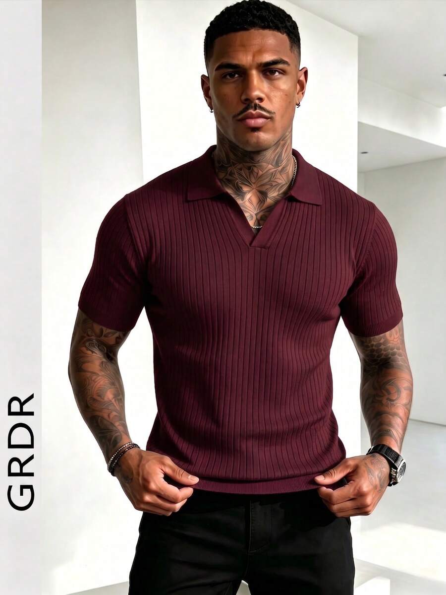 GRDR 男士夏季纯色 Polo 领短袖针织衫，适合夏季外出穿着，时尚造型必备单品