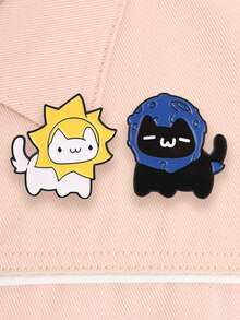 2pcs Cartoon Sun Cat And Moon Cat Enamel Pin, Cute Sun And Moon Cats Couple Badge, Fashion Backpack Clothes Accessory, Gift For Couples And Friends - Multicolor - View 4