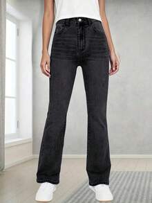Teen Girls' Classic Versatile Stretchy Comfortable Flared Jeans - Black - View 3