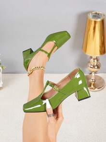 French Style Glossy Square Toe T-Strap Women's Shoes With Adjustable Buckle Design, 4.5cm Chunky Heel, Comfortable For Long Wear, Versatile For Work And Parties - Green - View 9