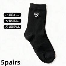 1/3/5/10/18 Pairs Women's Cute Bow Embroidery Mid-Calf Socks, Soft And Breathable, Non-Binding, Suitable For Daily Sports And Casual Wear - Black - View 10
