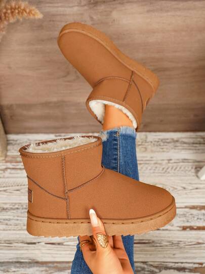 Damen Winter neue Vintage Mode elegante einfarbige Outdoor Thermofutter Schneestiefel mit dicker Sohle rutschfest Knöchelstiefel warm & kälteresistent, Damen Winter neue dicke warme braune gefaltete Fellkragen Schneestiefel mit Pompon Dekoration dicke Plateausohle Slip-On Casual Knöchelstiefel