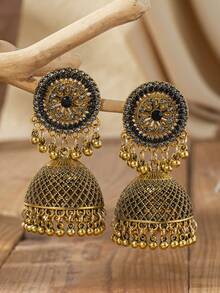 1 Pair Vintage Glamorous Fashion Rhinestone Exaggerated Design Mesh Bell Earrings Women's Versatile Jewelry - Black - View 13