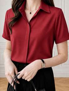 Camisa de satén de manga corta con diseño refinado, estilo puerto, para verano y primavera, color rojo - Rojo - Ver 5