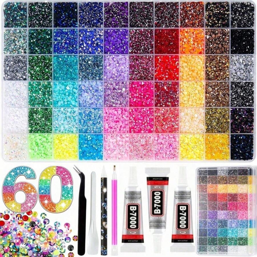 48,000pcs 60 Colors Resin Jelly Rhinestone Set, Multi-Color Flat Back Rhinestones For Diamond Painting, Includes 4 Bottles 10ml B7000 Jewelry Glue And Tools, Christmas Birthday Gift For Women