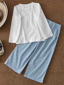 bearleader Girls' Autumn Lace Bow Long Sleeve T-Shirt + Plaid Casual Pants 2 Pieces Set, Suitable For 3-7 Years Old Children Spring Wear - Blue - View 3