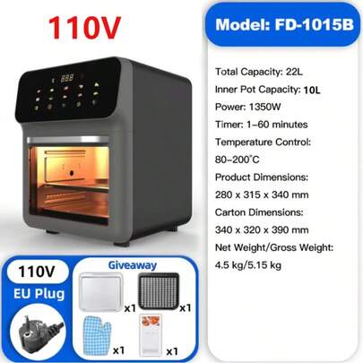 Fritadeira Air Fryer Forno Multiuso 110V/220V Digital Tela Sensível ao Toque Potência 1350W