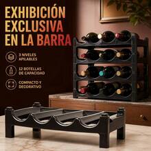 Estante Botellero de Plástico PP para 4 Botellas de Vino, Organizador de Almacenamiento Apilable para Cocina y Despensa, Soporte Horizontal de Color Marrón Oscuro, 43x23x13cm - Negro - Ver 1