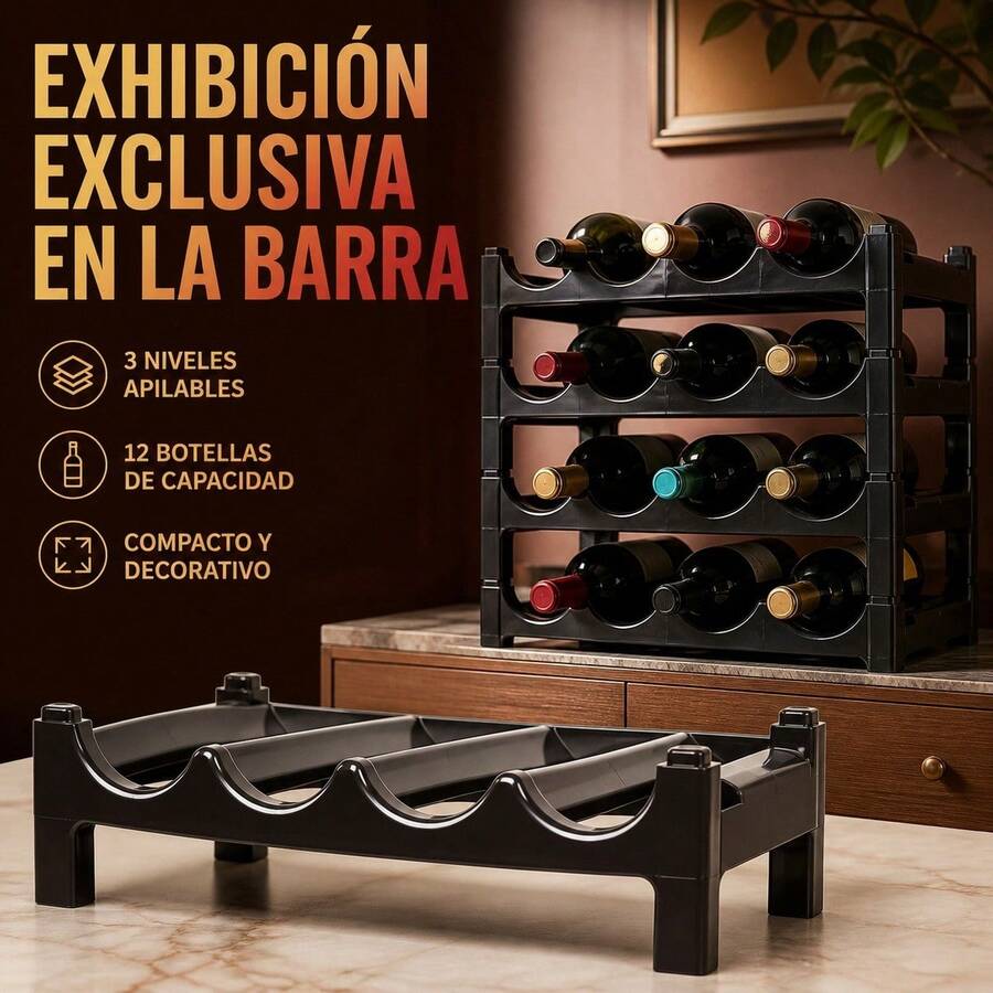 Estante Botellero de Plástico PP para 4 Botellas de Vino, Organizador de Almacenamiento Apilable para Cocina y Despensa, Soporte Horizontal de Color Marrón Oscuro, 43x23x13cm - Negro - Ver 1