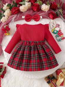 Baby Girl Autumn/Winter Christmas Holiday Fashion Sweet Preppy Red Knit Ribbed Crew Neck Long Sleeve Ruffle Big Bow 2 In 1 Plaid Dress And Headband, Suitable For Christmas Holiday Outfits - Red - View 2
