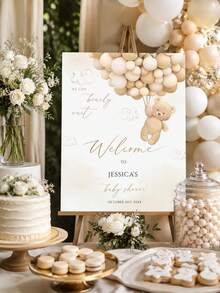 Custom Baby Shower Welcome Sign - Teddy Bear Theme Style, Personalized Name & Date Display Board, Neutral Beige Balloon Style Entrance Decor (Suitable For Boy Or Girl), Home Decor, Party Decor, Custom Poster - Multicolor - View 3