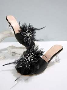 Summer Holiday Fairy Style Square Toe Applique Design Stiletto Heel Sandals For Women, Versatile Outdoor Wear Slimming Fashion French High Heel Sandals, Elegant Versatile High-End Feel - Black - View 8
