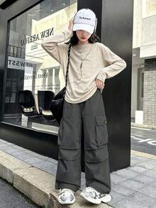 新款女童工装裤，适合大龄少女的纯色休闲长裤 - 灰色 - 查看 2