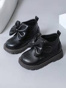 Cute Baby Girl Boots With Bow, Fashion Thick Sole Anti-Slip Princess Shoes - Black - View 7