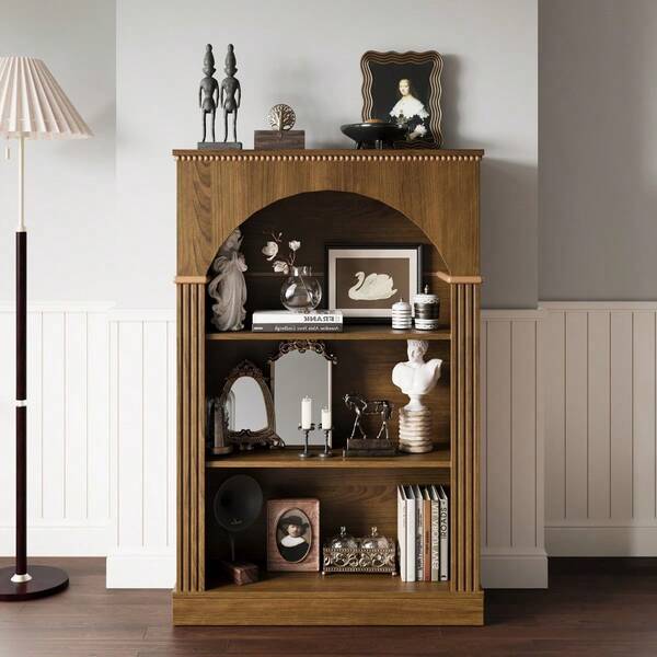 Estantería abierta de 3 niveles con arco, librería tradicional independiente con ribete decorativo de cuentas, estante de exhibición de madera de nogal claro para sala de estar, oficina en casa, dormitorio y pasillo