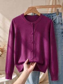 GIGOGOU Plus Size 1XL-4XL Autumn/Winter Basic Women's Knitted Cardigan, Soft Comfortable Casual Long Sleeve Sweater Top, Autumn Jacket - Purple - View 1