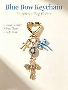 Exquisite Cross Keychain, Pearl Rhinestone Bow Bag Charm. Sweet And Cool Bag Decoration, Birthday And Holiday Gifts For Women Girls. - Multicolor - View 6