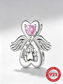1件 S925 純銀天使之翼心形爪印珠，粉色鋯石刻字「Forever In My Heart」寵物紀念 DIY 手鍊大孔銀珠 - 銀色 - 查看 1