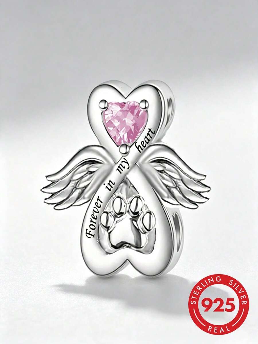 1件 S925 純銀天使之翼心形爪印珠，粉色鋯石刻字「Forever In My Heart」寵物紀念 DIY 手鍊大孔銀珠 - 銀色 - 查看 1