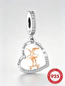1pc S925 Sterling Silver Hollow Heart Skateboard Girl Pendant, Zirconia Inlaid Orange Epoxy, Inspirational English Engraving, Sporty Style DIY Bracelet Perforated Silver Bead Charm - Silver - View 1
