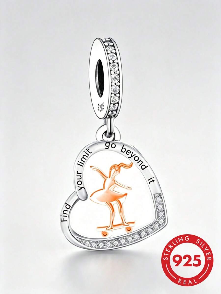 1pc S925 Sterling Silver Hollow Heart Skateboard Girl Pendant, Zirconia Inlaid Orange Epoxy, Inspirational English Engraving, Sporty Style DIY Bracelet Perforated Silver Bead Charm - Silver - View 1