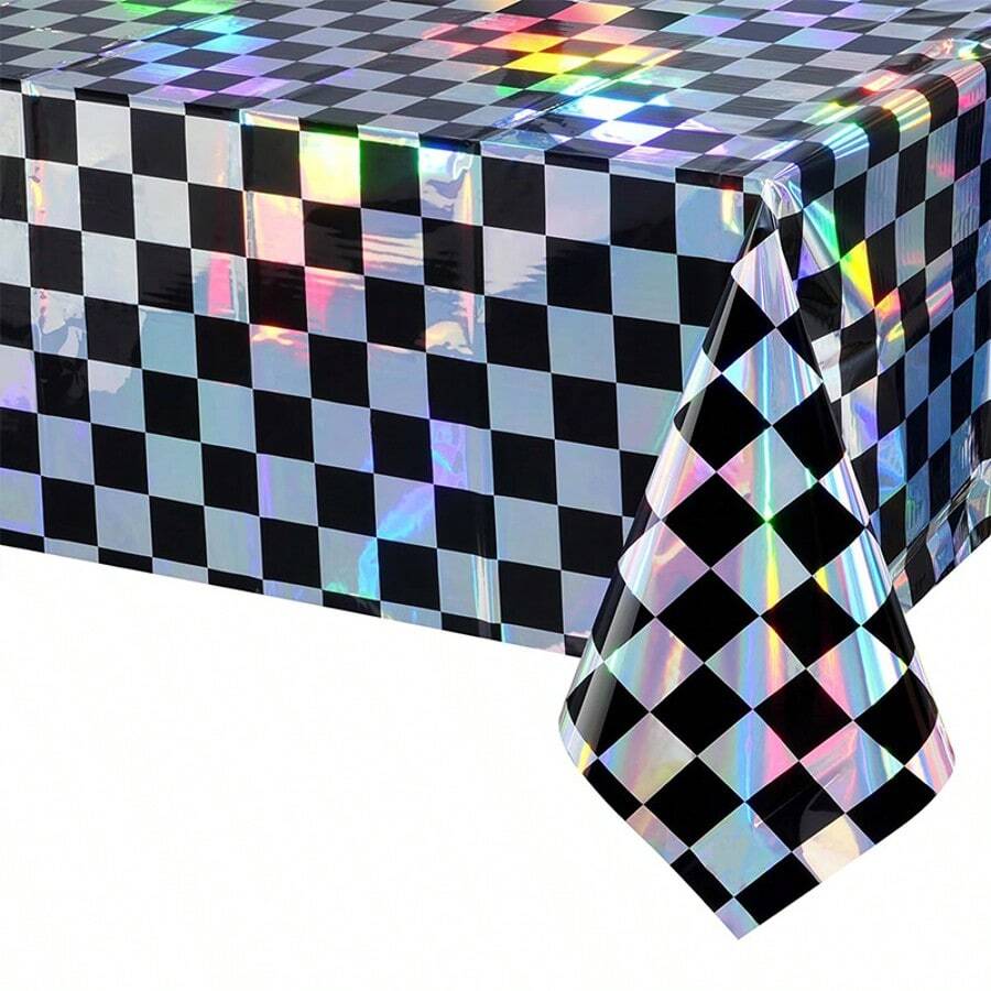 1pc/3pcs Black & White Checkerboard Holographic Disposable Plastic Tablecloth, Cool Grid Pattern With Colorful Holographic Effect, Shimmering Under Light, Suitable For Racing Theme, Party, Theme Party, Birthday Party, Outdoor Gathering Party 137*274cm - Multicolor - View 1
