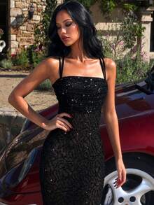 UNITHORSE Neck Tie Backless Pleated Sequin Dress - Black - View 1