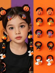 10pcs Girls Cartoon Pumpkin Skeleton Halloween Party Hair Clips & Hair Ties - Multicolor - View 1