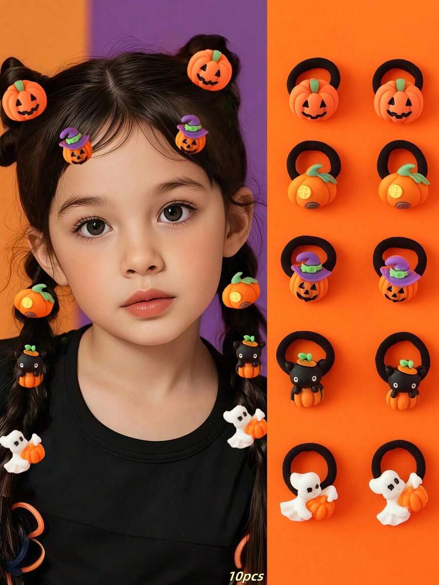 10pcs Girls Cartoon Pumpkin Skeleton Halloween Party Hair Clips & Hair Ties - Multicolor - View 1