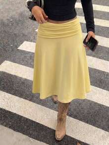 Vellofy Women's Autumn Light Yellow Ruched Mid-Waist Mermaid Long Skirt, Soft Flowy Long Skirt, Suitable For Cocktail Party Wear - Yellow - View 3