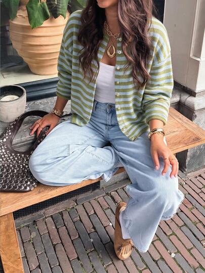 MORI Autumn/Winter Women's Y2K Green & Blue Striped Cardigan Sweater, Button Round Neck Long Sleeve Soft Loose Knit Top Fall