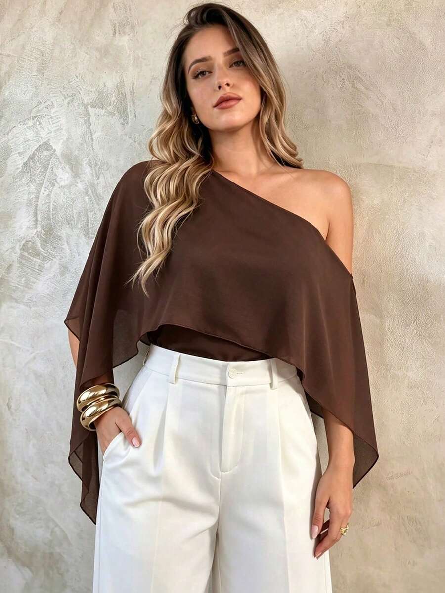 Blusa tipo capa para mujer talla grande, estilo francés minimalista y elegante, para primavera, verano y otoño, ideal para ir a la oficina y citas, con cuello asimétrico, cintura ceñida y bajo asimétrico