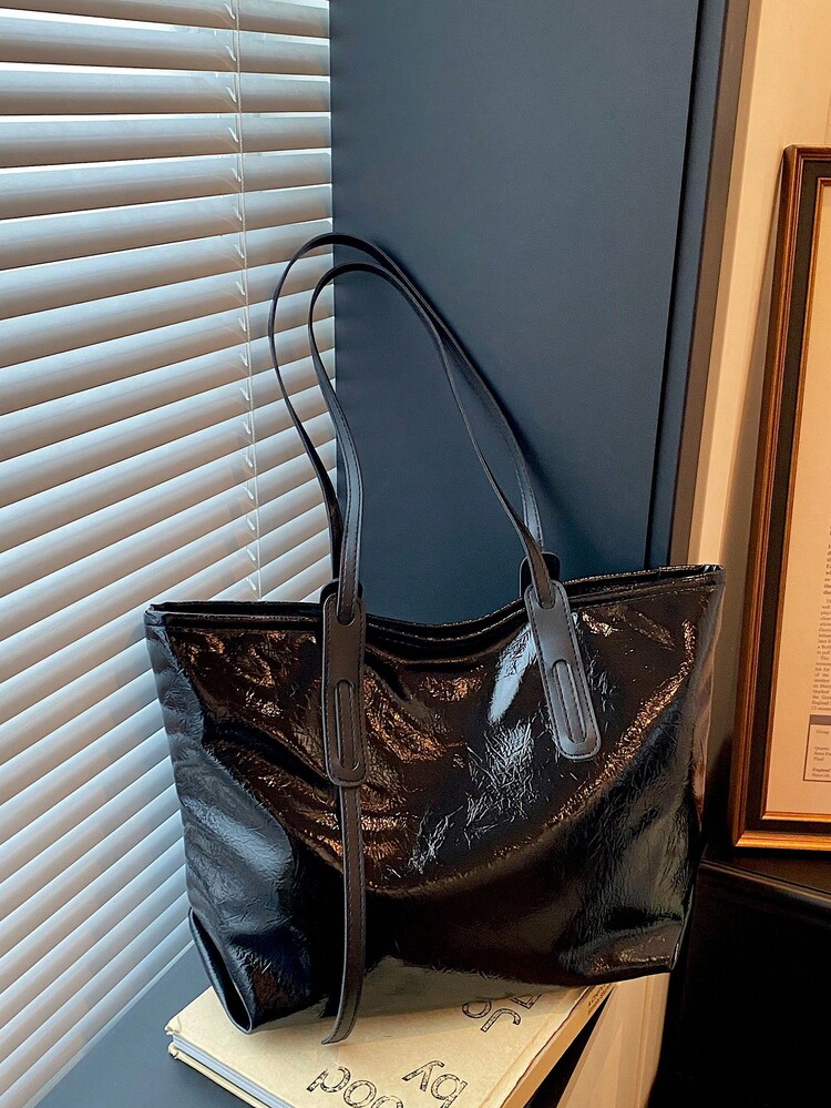 Glossy Soft Pleated Tote Bag, Large Capacity Commuter Shoulder Bag, Minimalist Shopping Work Daily Handbag For Women - Black - View 5