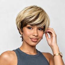 Fashion Layered Short Pixie Cut Human Hair Wig For Women With Bangs, 100% Human Hair, Gradient Brown To Blonde, Fully Machine Woven Elastic Mesh Cap, Ready To Wear For Holiday, Party And Daily Use - S4/27 - View 2