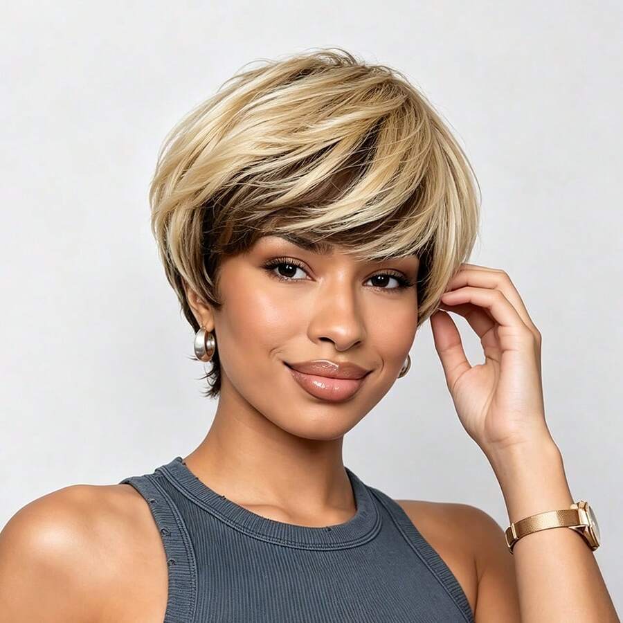 Fashion Layered Short Pixie Cut Human Hair Wig For Women With Bangs, 100% Human Hair, Gradient Brown To Blonde, Fully Machine Woven Elastic Mesh Cap, Ready To Wear For Holiday, Party And Daily Use