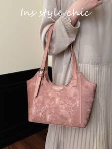 Dark Textured Plum Blossom Print Tote Bag, Large Capacity For Books And Laptop, Adjustable Shoulder Strap, Zipper Closure, Artistic New Chinese Style, Shoulder Bag For Daily School, Commute, Work And Outdoor Travel - Pink - View 8