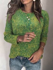 pull en tricot floral vert pour femmes, tenue d'automne, style décontracté, style basique, tenue de bureau automne - Vert - Voir 2