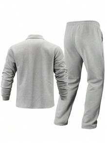 2pcs/Set Men's Jacquard Fabric Casual Fashion Polo Shirt With Stand Collar And Straight Leg Sports Pants, Suitable For Daily Wear In Autumn/Winter - Grey - View 4
