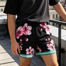 1PC Men Cherry Blossom Floral Print Mesh Athletic Shorts Contrast Striped Hem Elastic Waist Loose Fit Breathable Basketball Street Workout Casual Short Pants With Side Pockets - A - View 7