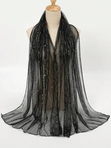 1件女用透氣時尚金線亮片頭巾 素色薄紗披肩 - S40913-黑色 - 查看 2