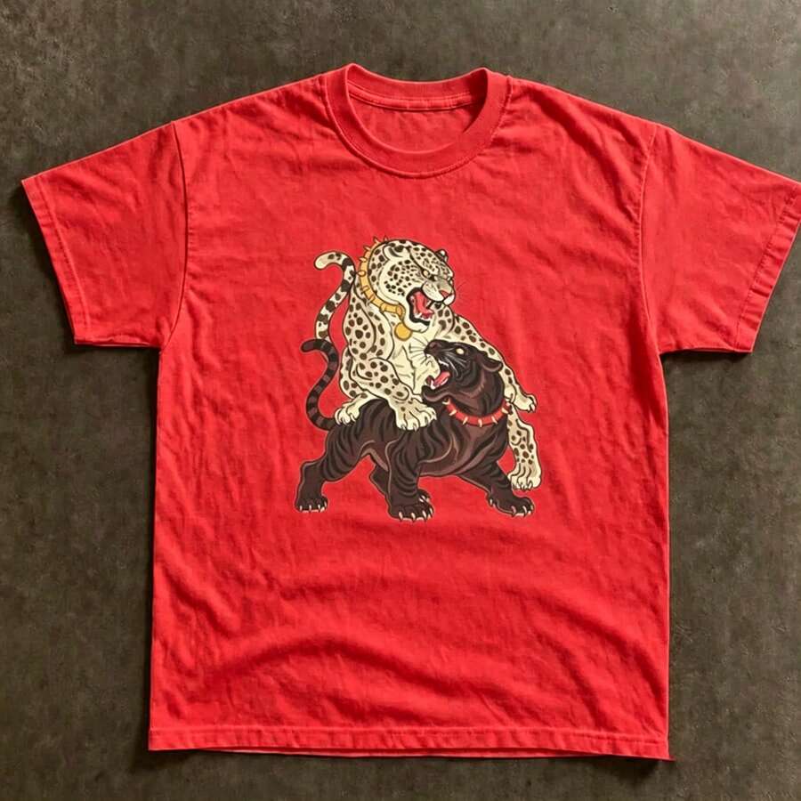 [Graphic Tee] 100% Cotton Jungle Fury Graphic Tee – Wild Jungle Aesthetic Unisex Streetwear Shirt, Spring Tops,  Summer/Autumn Short Sleeves Camiseta - 紅色1 - 查看 1
