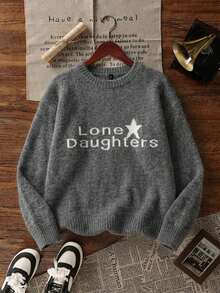 Women's New Autumn/Winter Knit Crew Neck Pullover Sweater With "Lone Daughters" Letter Pattern, Casual Commute College Style Knit Sweater - Grey - View 6
