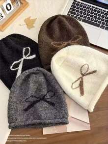 1pc Thickened Bow-Knot Knitted Hat For Women, Autumn/Winter Large Head Circumference Ear-Protective Warm Beanie With Embroidered Ear Flaps, Korean Style Slouchy Knit Cap, Postpartum Maternity Hat - Multicolor - View 7